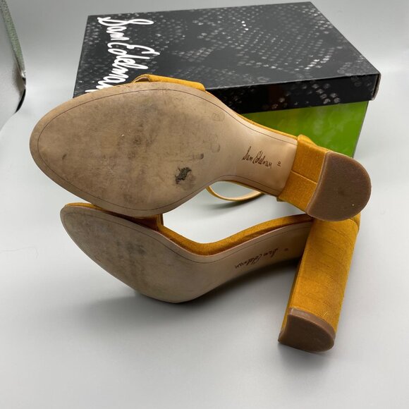 Sam Edelman Sz 10 Mustard Yellow Strappy Block Yaro Heel Satin Wedding Guest - Picture 8 of 9